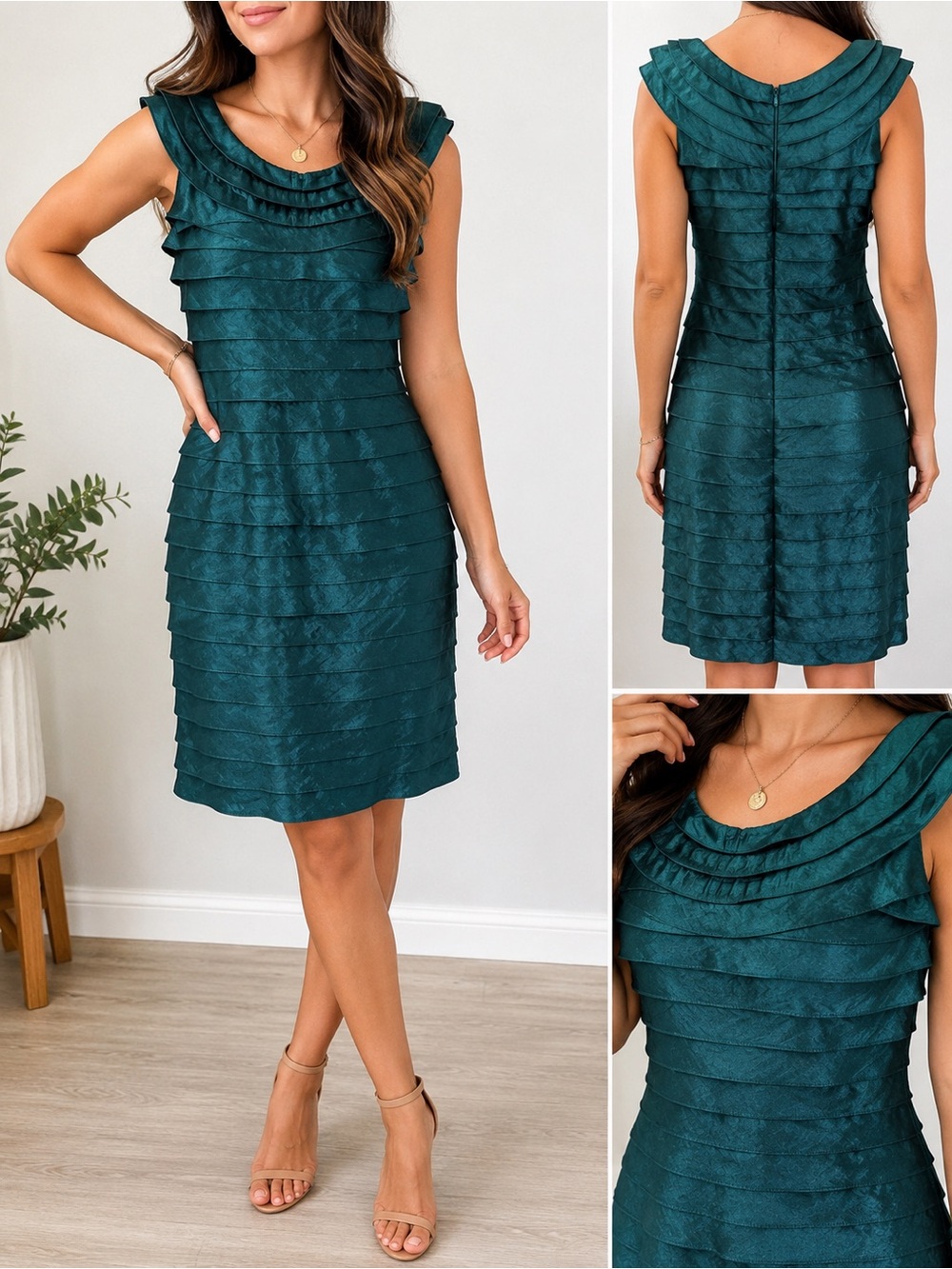 Adrianna Papell Emerald Green Tiered Sheath Dress Size 6 Cocktail Wedding Guest